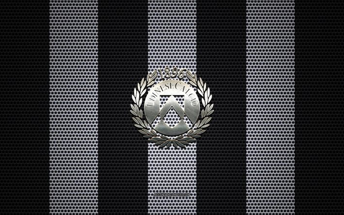 El Udinese Calcio logotipo, italiano, club de f&#250;tbol, el emblema de metal, black metal blanco de malla de fondo, el Udinese Calcio, de la Serie a, Udine, Italia, el f&#250;tbol