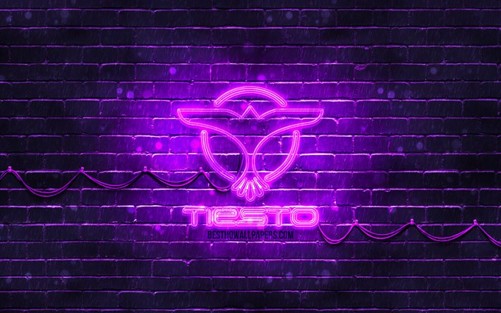 DJ Tiesto violeta logotipo de 4k, superestrellas, holand&#233;s DJs, violeta brickwall, DJ Tiesto logotipo, Tijs Michiel Verwest, estrellas de la m&#250;sica, DJ Tiesto ne&#243;n logotipo, DJ Tiesto