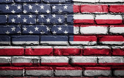 USA flag on a brick wall, American flag, USA flag, graffiti, Flag of USA, United States of America