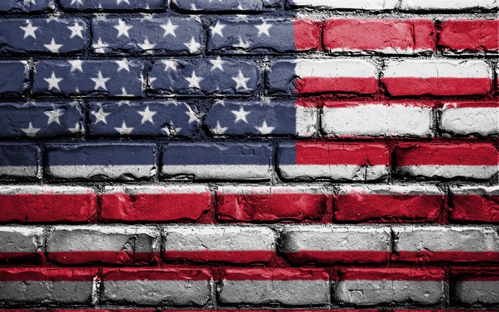 USA-flaggan p&#229; en tegel v&#228;gg, Amerikanska flaggan, USA flagga, graffiti, Flagga USA, F&#246;renta Staterna