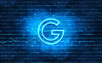 Google blue logo, 4k, blue brickwall, Google logo, brands, Google neon logo, Google