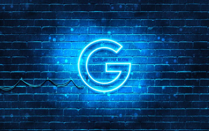 Google青色のロゴ, 4k, 青brickwall, Googleロゴ, ブランド, Googleネオンのロゴ, Google