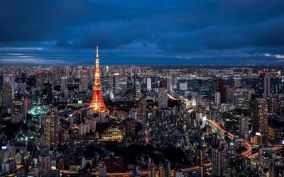 Tokyo Tower, Tokyo, Japan, evening, sunset, metropolis, Tokyo cityscape, japanese city