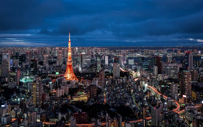 Tokyo Tower, Tokyo, Japan, kv&#228;ll, sunset, metropol, Tokyo stadsbilden, japanska staden