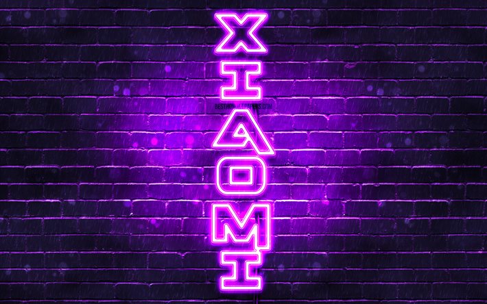 4K, Xiaomi violette logo, texte vertical, violet brickwall, Xiaomi n&#233;on logo, cr&#233;atif, Xiaomi logo, illustration, Xiaomi