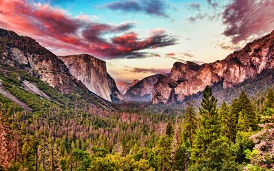 O Parque Nacional De Yosemite, p&#244;r do sol, montanhas, HDR, Calif&#243;rnia, bela natureza, ver&#227;o, EUA, Am&#233;rica, american marcos
