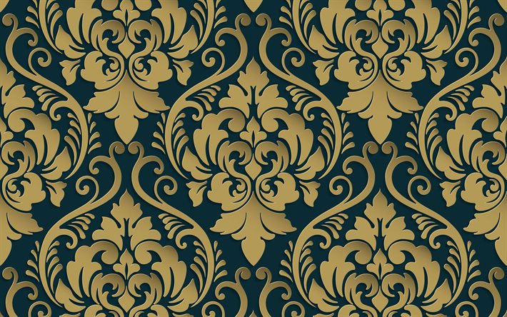 di lusso, pattern, texture, oro ornamenti floreali texture, blu, texture a fiori, ornamenti 3d texture