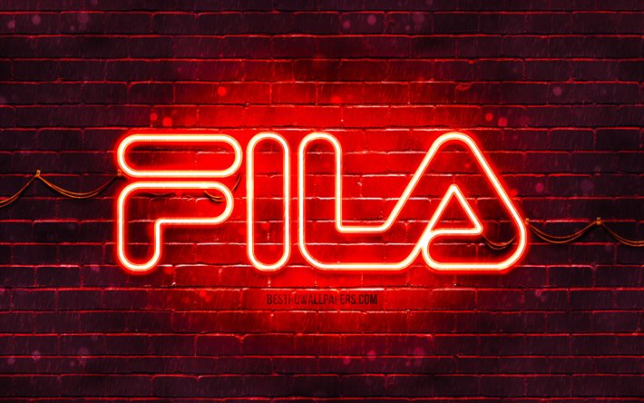 Fila red logo, 4k, red brickwall, Fila logo, brands, Fila neon logo, Fila