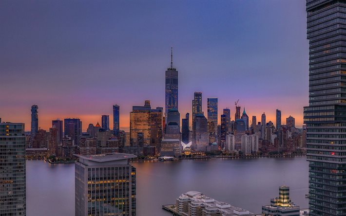 New York City, One World Trade Center, sera, tramonto, grattacieli, New York, USA