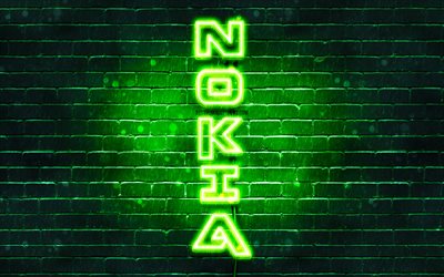 4K, Nokia logotipo verde, texto vertical, verde brickwall, Nokia neon logotipo, criativo, Log&#243;tipo Nokia, obras de arte, Nokia