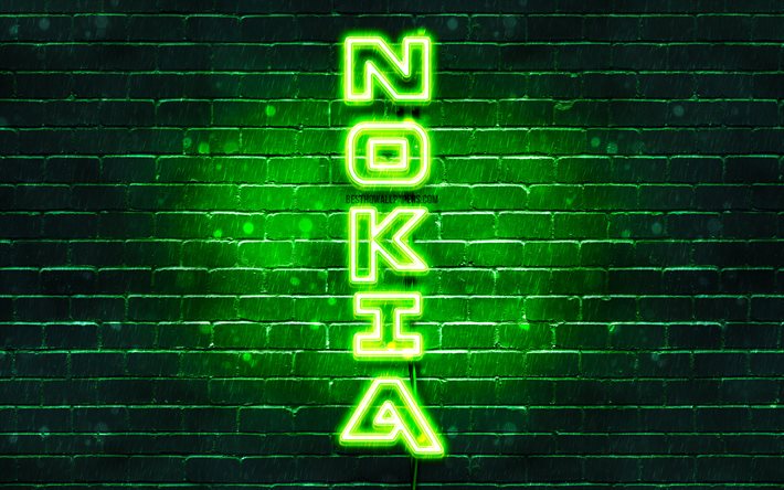 4K, Nokia gr&#246;n logotyp, vertikal text, gr&#246;na brickwall, Nokia neon logotyp, kreativa, Nokia-logotypen, konstverk, Nokia