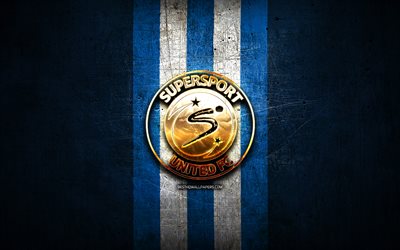 Supersport United FC, golden logo, Premier Soccer League, blue metal background, football, Supersport United, PSL, South African football club, Supersport United logo, soccer, South Africa