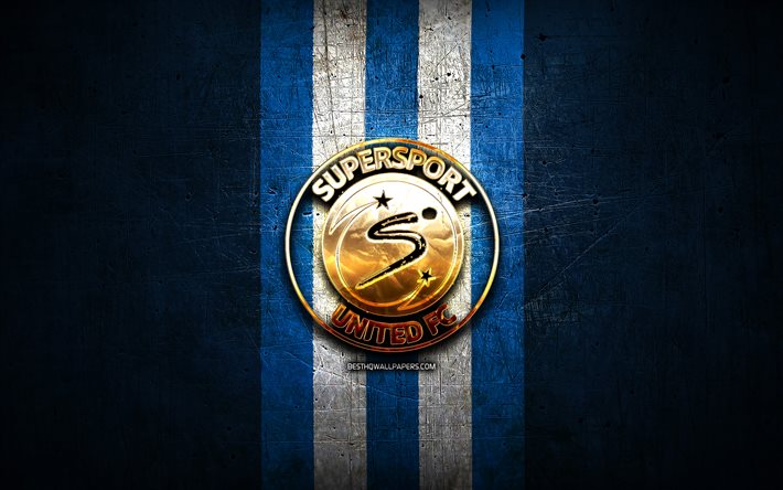 supersport united fc, golden logo, premier soccer league, blau metall-hintergrund, fussball, supersport united, psl, south african football club, supersport united-logo, s&#252;d-afrika