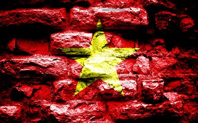 Empire of Vietnam, grunge brick texture, Flag of Vietnam, flag on brick wall, Vietnam, flags of Asian countries