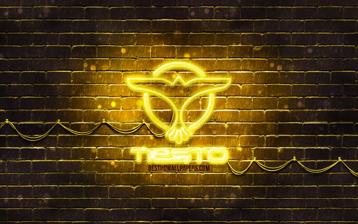 DJ Tiesto logo amarillo, 4k, superestrellas, holand&#233;s DJs, amarillo brickwall, DJ Tiesto logotipo, Tijs Michiel Verwest, estrellas de la m&#250;sica, DJ Tiesto ne&#243;n logotipo, DJ Tiesto