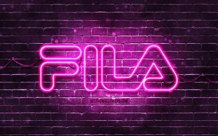 Fila lila logotyp, 4k, lila brickwall, Fila logotyp, varum&#228;rken, Fila neon logotyp, Fila