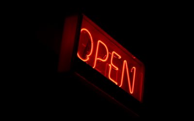Light sign open, red neon light, open sign, Black background, signs for shops