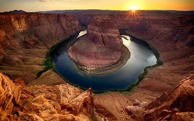Horseshoe Bend, Colorado River, rocks, canyon, sunset, mountain landscape, Arizona, USA
