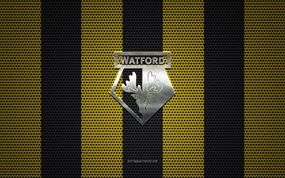 Watford FC logo, English football club, metal emblem, yellow-black metal mesh background, Watford FC, Premier League, Watford, England, football