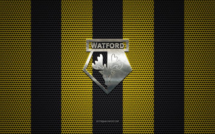 Watford FC logotyp, Engelska football club, metall emblem, gul-svart metalln&#228;t bakgrund, Watford FC, Premier League, Watford, England, fotboll