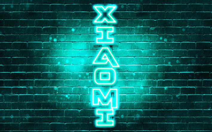 4K Xiaomi logo turchese, il testo verticale, turchese, muro di mattoni, neon logo Xiaomi, creativo, Xiaomi logo, la grafica, Xiaomi