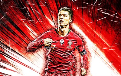 Cristiano Ronaldo, grunge art, Portugal National Team, goal, soccer, CR7, Portuguese football team, Ronaldo, red abstract rays, Cristiano Ronaldo dos Santos Aveiro