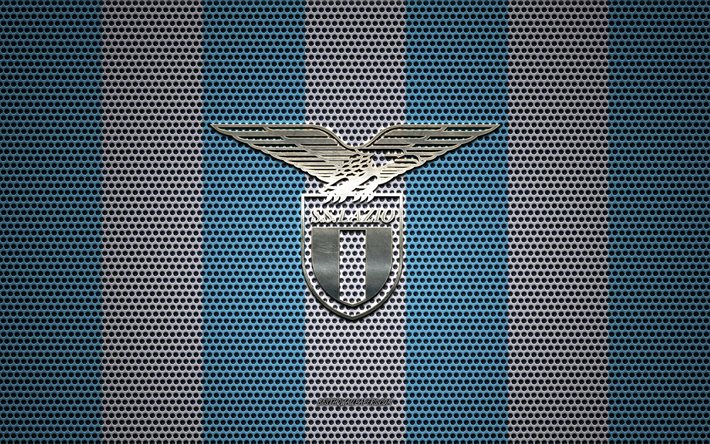 SS Lazio-logo, Italian football club, metalli-tunnus, sininen valkoinen metalli mesh tausta, SS Lazio, Serie, Rooma, Italia, jalkapallo