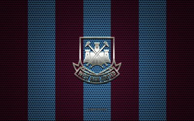 West Ham United FC logo, English football club, metal emblem, burgundy blue metal mesh background, West Ham United FC, Premier League, London, England, football