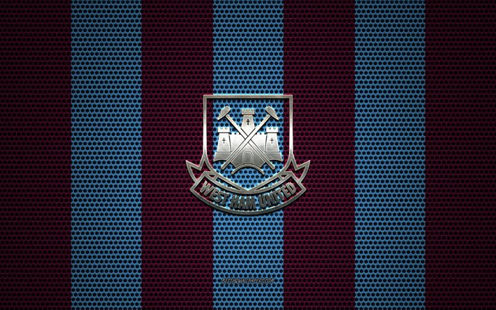 West Ham United FC logo, English football club, metal emblem, burgundy blue metal mesh background, West Ham United FC, Premier League, London, England, football