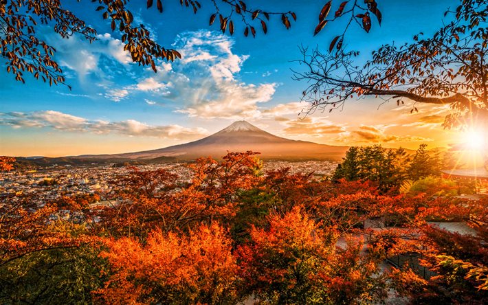 O Monte Fuji, p&#244;r do sol, outono, montanhas, vulc&#227;o, Fujisan, Fujiyama, &#193;sia, japon&#234;s marcos, Jap&#227;o, HDR