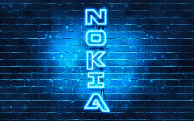 4K, Nokia azul logo, texto vertical, azul brickwall, Nokia ne&#243;n logotipo, creativo, logotipo de Nokia, piezas de arte, Nokia