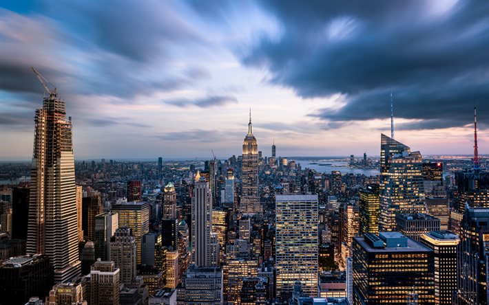 Empire State Binası, New York, Manhattan, gece, G&#252;n batımı, g&#246;kdelenler, metropolis, ABD