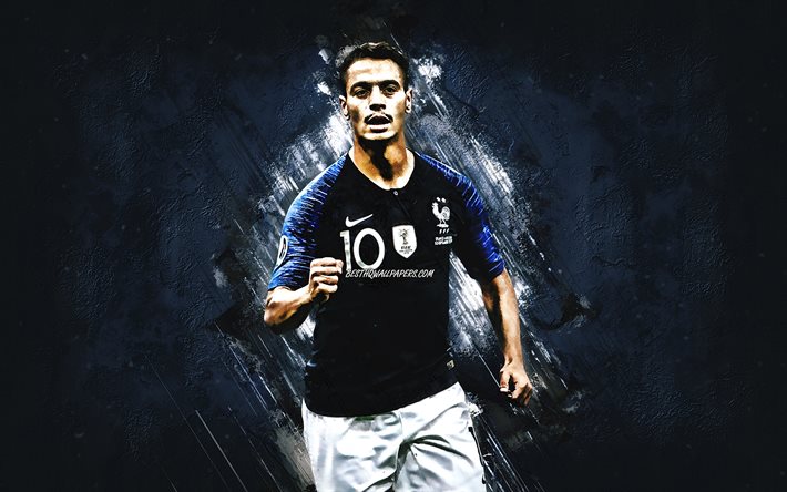 Wissam Ben Yedder, French footballer, France national football team, portrait, blue stone background, France, football