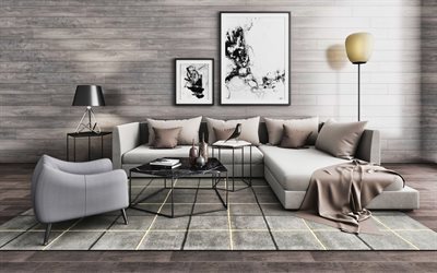 stanza grigia, interni moderni, grigio, mobili in laminato a parete, design moderno, vivente, stanza