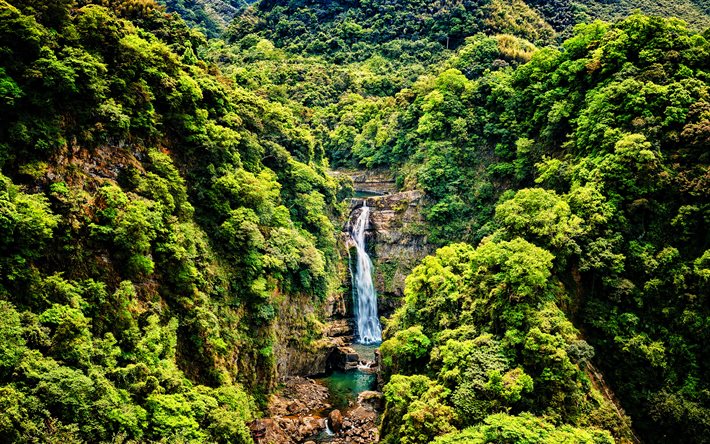 Taiwan, 4k, HDR, cascata, natura, roccia, tailandese, estate, giungla