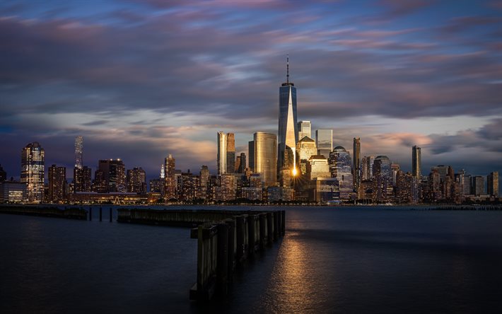 One World Trade Center, New York City, evening, sunset, skyscrapers, cityscape, modern buildings, USA