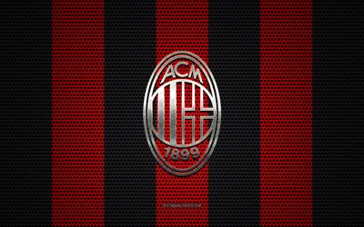 AC Milan logo, Italian football club, metal emblem, red black metal mesh background, AC Milan, Serie A, Milan, Italy, football