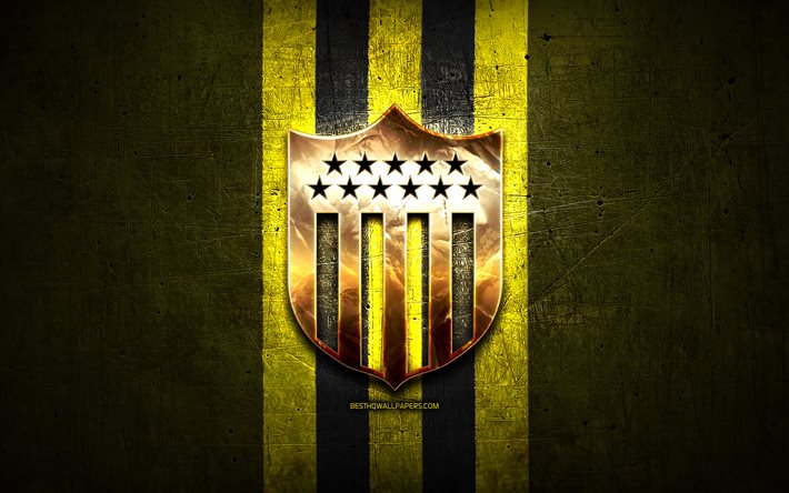 Penarol FC, golden logotyp, Uruguay Primera Division, gul metall bakgrund, fotboll, CA Penarol, Uruguay football club, Penarol logotyp, Uruguay, Club Atletico Penarol