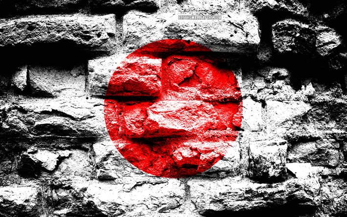 Japanese Flag, grunge brick texture, Flag of Japan, flag on brick wall, Japan, flags of Asian countries, Japan Flag