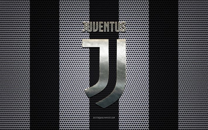 Juventus FC logotyp, Italiensk fotboll club, metall emblem, vit svart metalln&#228;t bakgrund, Juventus FC, Serie A, Turin, Italien, fotboll