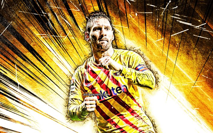 Lionel Messi, grunge de l&#39;art, du FC Barcelone, l&#39;argentin footballeurs, jaune uniforme, objectif, FCB, Leo Messi, les stars du football, La Liga, Messi, jaune abstrait rayons, LaLiga, football, Espagne, Barca