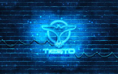 DJ Tiesto azul do logotipo, 4k, superstars, holand&#234;s DJs, azul brickwall, DJ Tiesto logo, O Programador Tijs Michiel Verwest, estrelas da m&#250;sica, DJ Tiesto neon logotipo, DJ Tiesto