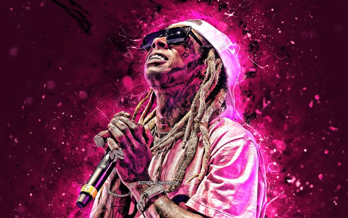 Lil Wayne, 4K, amerikansk s&#229;ngerska, lila neon lights, musik stj&#228;rnor, amerikansk k&#228;ndis, Dwayne Michael Carter, kreativa, Lil Wayne 4K