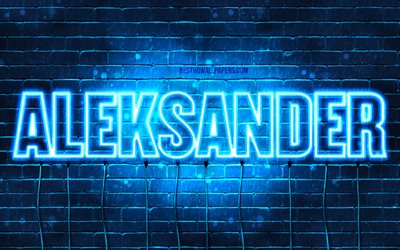Aleksander, 4k, wallpapers with names, Aleksander name, blue neon lights, Happy Birthday Aleksander, popular polish male names, picture with Aleksander name