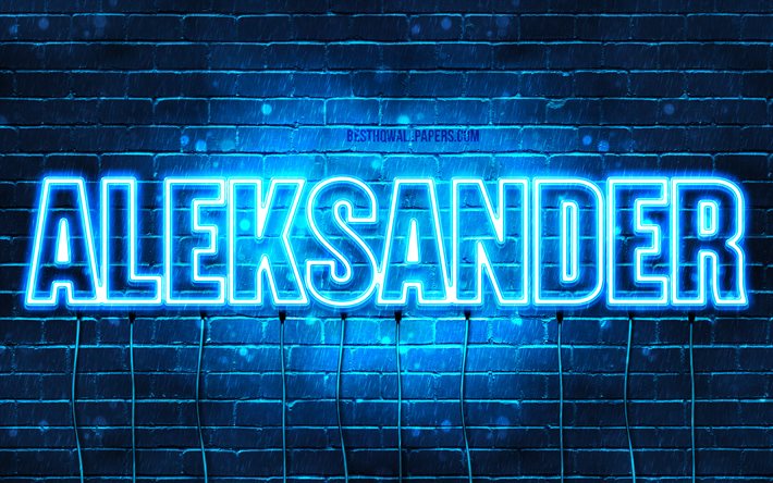 Aleksander, 4k, pap&#233;is de parede com nomes, nome Aleksander, luzes azuis de neon, Feliz Anivers&#225;rio Aleksander, nomes masculinos poloneses populares, foto com nome Aleksander