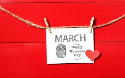 March 8, red background, International Womens Day, March 8 greeting card, Happy Womens Day, Spring Holidays