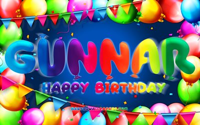 Joyeux anniversaire Gunnar, 4k, cadre color&#233; de ballon, nom de Gunnar, fond bleu, anniversaire heureux de Gunnar, anniversaire de Gunnar, noms masculins am&#233;ricains populaires, concept d’anniversaire, Gunnar