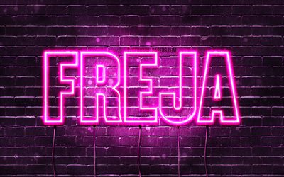 Freja, 4k, pap&#233;is de parede com nomes, nomes femininos, nome Freja, luzes de neon roxas, Freja feliz anivers&#225;rio, nomes femininos dinamarqueses populares, foto com nome Freja
