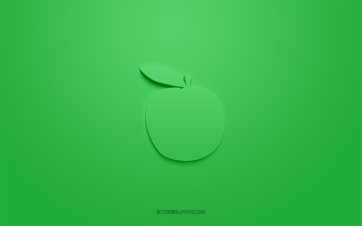 Ic&#244;ne 3D verte d’Apple, fond vert, symboles 3D, pomme verte, ic&#244;nes de fruit, ic&#244;nes 3D, signe vert d’Apple, ic&#244;nes 3D de fruit