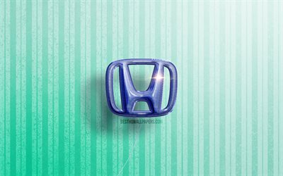 4k, Honda 3D logo, blue realistic balloons, cars brands, Honda logo, blue wooden backgrounds, Honda